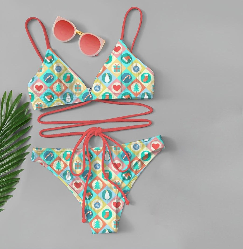 Trendy Holiday Print Triangle Bikini Set for Women