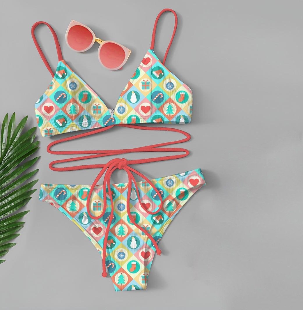 Trendy Holiday Print Triangle Bikini Set for Women