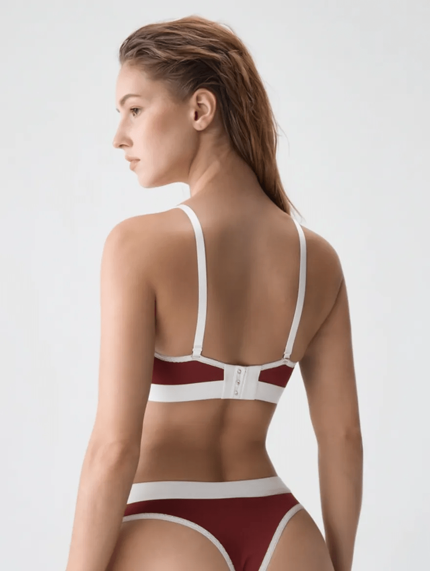 Vloura Women Maroon Ribbed Lingerie Set with White Contrast Trim